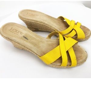 J. Crew 8 Slide Sandals Wedge Espadrilles Yellow Grosgrain Fabric Cross Straps
